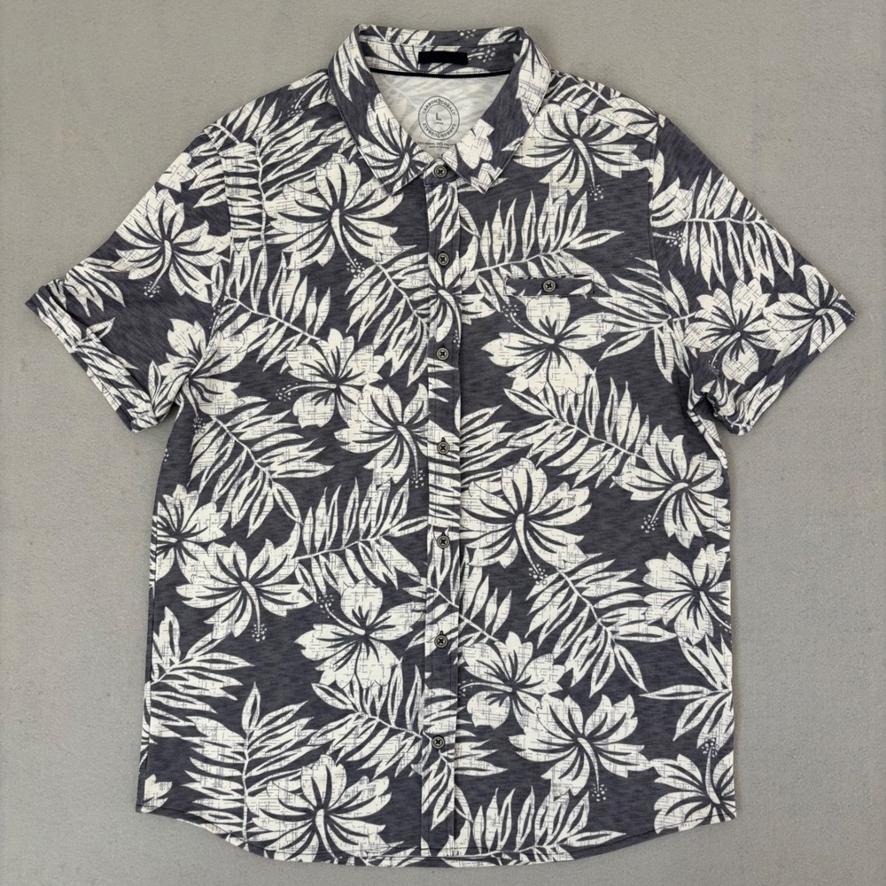 Carbon2Cobalt Mens Large Gray Hibiscus Floral Short Sleeve Button Down Shirt